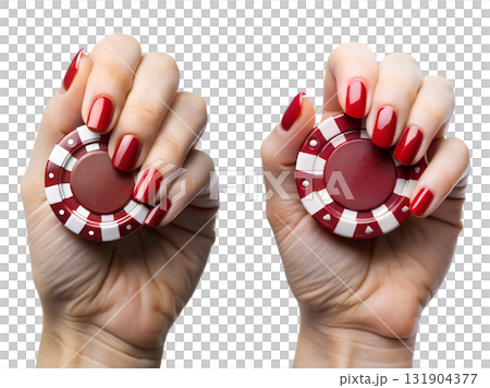 Woman's hand with perfect red manicure holding red and white gambling chip, casino luxury concept isolated 131904377