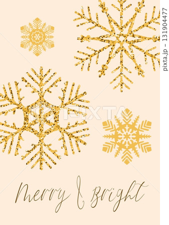 Gold glitter and flat snowflakes with merry and bright text on beige background for elegant holiday and winter seasonal greeting designs 131904477