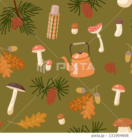 Seamless autumn camping pattern with mushrooms pine branches acorns kettle thermos and leaves on olive green background cozy outdoor illustration Seamless autumn camping pattern with mushrooms pine branches acorns kettle thermos and leaves on olive green background cozy outdoor illustration 131904606