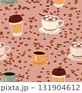 Seamless coffee pattern with cups mugs and to go cups on pink background with scattered coffee beans cozy hot drink illustration 131904612