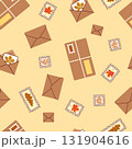 Seamless pattern with brown envelopes autumn stamps and fall leaf postcards on light beige background for seasonal mail and packaging designs 131904616