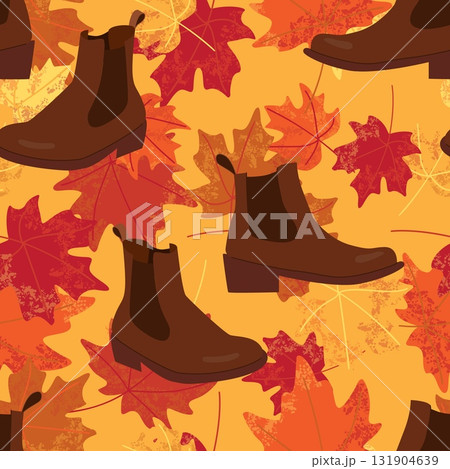 Seamless pattern with brown leather boots and autumn maple leaves in warm fall colors on yellow background for seasonal fashion and textile designs Seamless pattern with brown leather boots and autumn maple leaves in warm fall colors on yellow background for seasonal fashion and textile designs 131904639