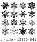 Set of sixteen decorative black snowflakes with intricate geometric symmetrical shapes isolated on white background for winter and holiday designs 131904641
