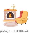 Cozy living room interior with fireplace armchair plaid and rug warm home scene with burning fire and candles 131904644