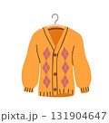 Orange argyle cardigan sweater with buttons on hanger flat style illustration for autumn fashion and casual winter wardrobe design 131904647