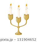 Elegant golden candelabra with three lit white candles flat style illustration for vintage decor romantic ambiance and festive celebration themes 131904652