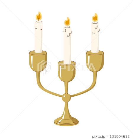 Elegant golden candelabra with three lit white candles flat style illustration for vintage decor romantic ambiance and festive celebration themes Elegant golden candelabra with three lit white candles flat style illustration for vintage decor romantic ambiance and festive celebration themes 131904652
