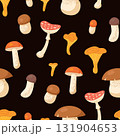 Seamless pattern with various colorful forest mushrooms on dark background including chanterelle boletus and fly agaric in flat cartoon style 131904653