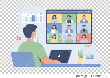 Illustration of a remote meeting / online meeting, telework, video call scene 131904895