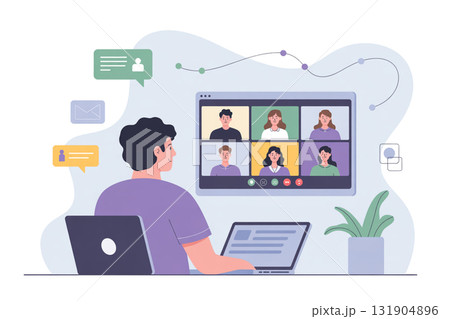 リモート会議のイラスト／オンラインミーティング・テレワーク・ビデオ通話のシーン 131904896