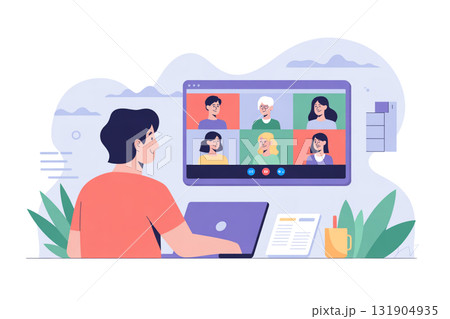 リモート会議のイラスト／オンラインミーティング・テレワーク・ビデオ通話のシーン 131904935