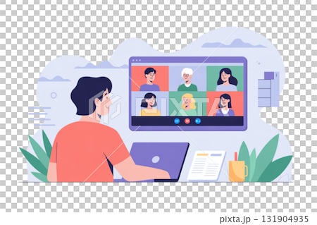 リモート会議のイラスト／オンラインミーティング・テレワーク・ビデオ通話のシーン 131904935