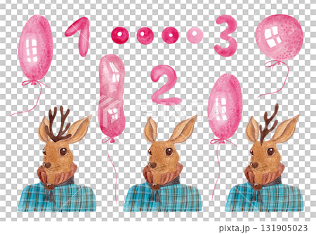 Portrait of a deer in a checkered shirt with a puffy collar. An animal with or without horns. Set with pink numbers 1, 2, 3 and balloons. Isolated watercolor illustrations Portrait of a deer in a checkered shirt with a puffy collar. An animal with or without horns. Set with pink numbers 1, 2, 3 and balloons. Isolated watercolor illustrations 131905023