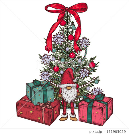 Hand drawn Christmas tree, festive gnome in a red hat, gift boxes. Vector illustration 131905029