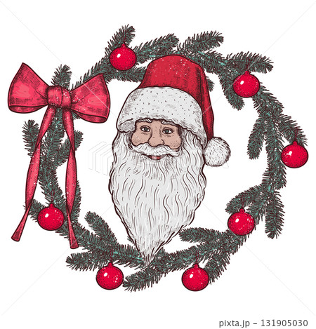 Santa Claus in a red hat with a wreath of fir branches and red Christmas balls. Vector illustration. 131905030