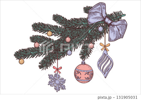 Hand drawn fir branches,Christmas decoration, purple bow. Vector illustration Hand drawn fir branches,Christmas decoration, purple bow. Vector illustration 131905031