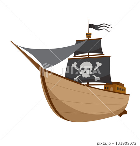 Stylized cartoon pirate ship illustration with black sails. Cute vector icon. Pirate Ship sailing on water 131905072
