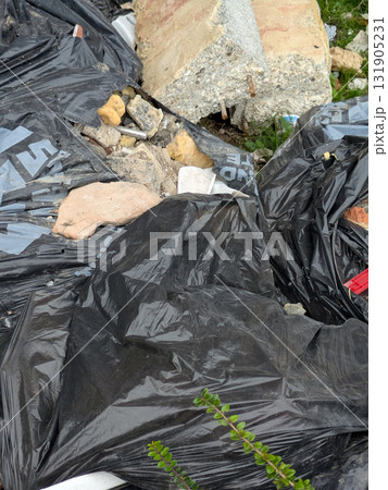 Rubble Industrial waste from a house DIY renovation project bin bags bricks broken tiles 131905231