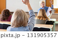 Back view of older student raising his hand to answer teacher's question during education training class. jpg ai image 131905357