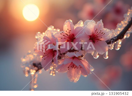 Iced Sakura Blossoms Delicate Pink Flowers Encased in Shimmering Ice at Golden Winter Sunrise Iced Sakura Blossoms Delicate Pink Flowers Encased in Shimmering Ice at Golden Winter Sunrise 131905432