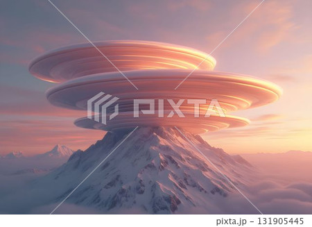 Ethereal Lenticular Clouds Floating Above a Snowy Mountain Peak 131905445