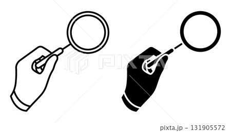 Linear icon. Police investigator hand examines evidence with a magnifying glass. Simple black and white vector isolated on white background 131905572