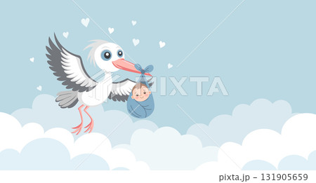 Baby shower invitation banner with stork carrying cute baby in bag on blue sky background for greeting card, baby album, boy birthday party, poster. Baby shower invitation banner with stork carrying cute baby in bag on blue sky background for greeting card, baby album, boy birthday party, poster. 131905659