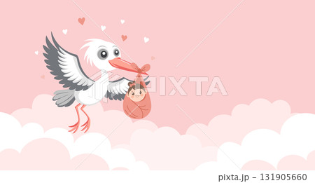 Baby shower invitation banner with stork carrying cute baby in bag on pink sky background for greeting card, baby album, girl birthday party, poster. Baby shower invitation banner with stork carrying cute baby in bag on pink sky background for greeting card, baby album, girl birthday party, poster. 131905660