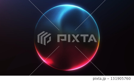 Smooth glowing red and blue gradient sphere with luminous edges and elegant reflections on a dark futuristic background. 131905760