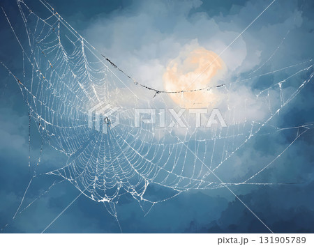 Spider Web with Dew Drops under Full Moon 131905789