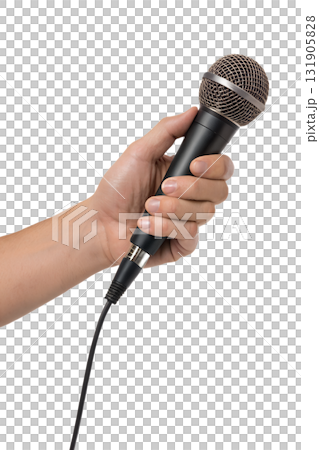 Hand gripping dynamic microphone with metal grille and xlr cable, studio recording equipment isolated Hand gripping dynamic microphone with metal grille and xlr cable, studio recording equipment isolated 131905828