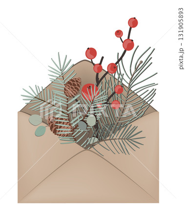 Christmas composition of winter branches in an envelope. Vector isolated illustration Christmas composition of winter branches in an envelope. Vector isolated illustration 131905893