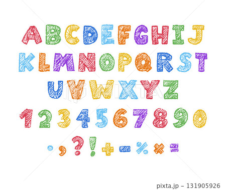 Colorful crayon kids font, doodle alphabet and numbers 131905926