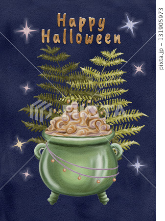 Halloween postcard  Mystical cauldron and ferns   Digital illustration 131905973