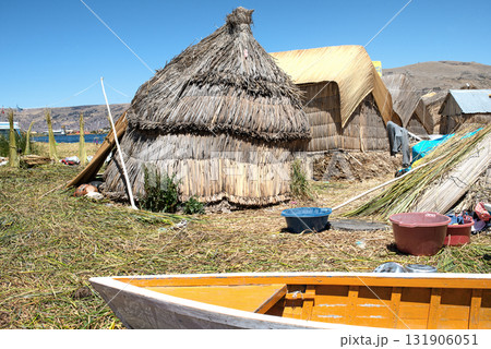 Reed Huts on Uros Floating Island Lake Titicaca Peru 131906051