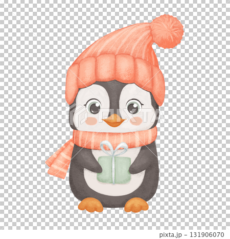 Penguin in red hat and scarf with gift box. Cute penguin isolated on white background. Childish watercolor winter illustration. 131906070