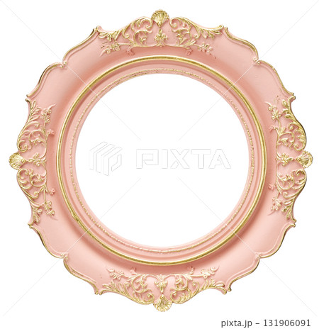 ピンクの丸いアンティーク装飾額縁 ゴールド装飾 白背景 131906091