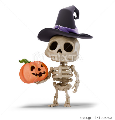 Cute skeleton holding carved pumpkin and wearing witch hat 3D Cute skeleton holding carved pumpkin and wearing witch hat 3D 131906208