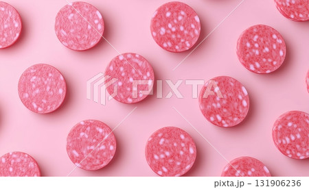 Patty beef minced rounded thin slice for burger fill or baked menu food on pink background Patty beef minced rounded thin slice for burger fill or baked menu food on pink background 131906236