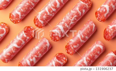 Sausage pattern red meat for dinner cooking on peach background Sausage pattern red meat for dinner cooking on peach background 131906237
