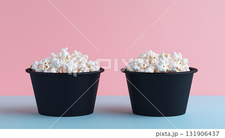 Compostable popcorn on black paper cup snack container food on pink background 131906437