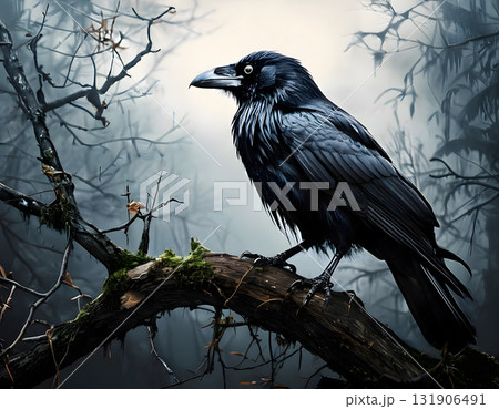 Gothic Raven Perched on a Twisted Branch in a Misty Forest 131906491