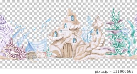 A seamless border featuring an underwater castle. An isolated watercolor illustration of the underwater world for decorating children's interiors, playrooms, and themed parties. 131906665