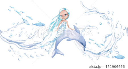 A seamless border featuring a mermaid and a dolphin on the waves. Isolated watercolor illustrations of fairytale characters for decorating children's interiors, playrooms, and themed parties. 131906666