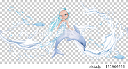 A seamless border featuring a mermaid and a dolphin on the waves. Isolated watercolor illustrations of fairytale characters for decorating children's interiors, playrooms, and themed parties. 131906666