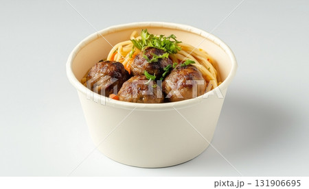 Noodle and meatballs on paper bowl street food with disposable container packaging white background 131906695
