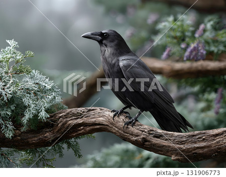 Close-up of a Black Raven in Winter Snow 131906773