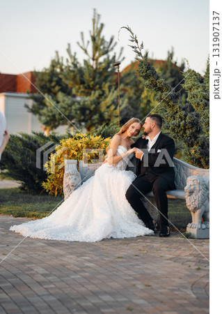 Gentle and happy bride and groom at sunset in the park on a bench. 131907137