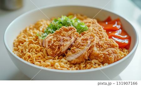 Chicken fried and noodle on ceramic bowl for lunch 131907166