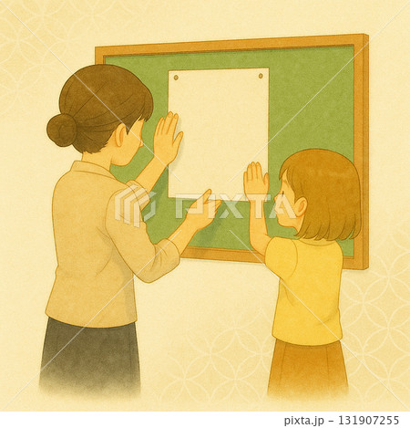 位置を指さして貼る｜先生と女の子 131907255